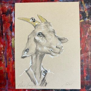 Original goat painting Unique Art Charcoal Pastel farm animal decor surrealism